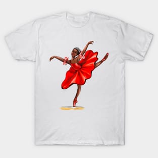 Ballet in red pointe shoes, dress and crown - ballerina doing pirouette in red tutu T-Shirt